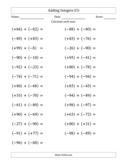 The Adding Mixed Integers from -99 to 99 (25 Questions; Large Print; All Parentheses) (G) Math Worksheet