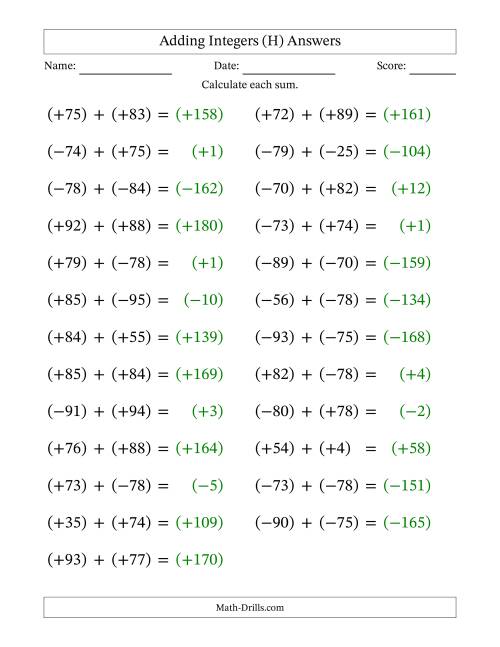 The Adding Mixed Integers from -99 to 99 (25 Questions; Large Print; All Parentheses) (H) Math Worksheet Page 2