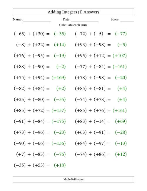 The Adding Mixed Integers from -99 to 99 (25 Questions; Large Print; All Parentheses) (I) Math Worksheet Page 2