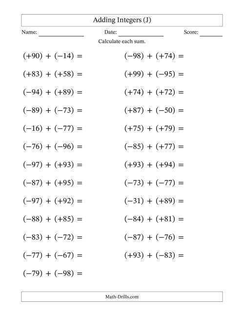 The Adding Mixed Integers from -99 to 99 (25 Questions; Large Print; All Parentheses) (J) Math Worksheet