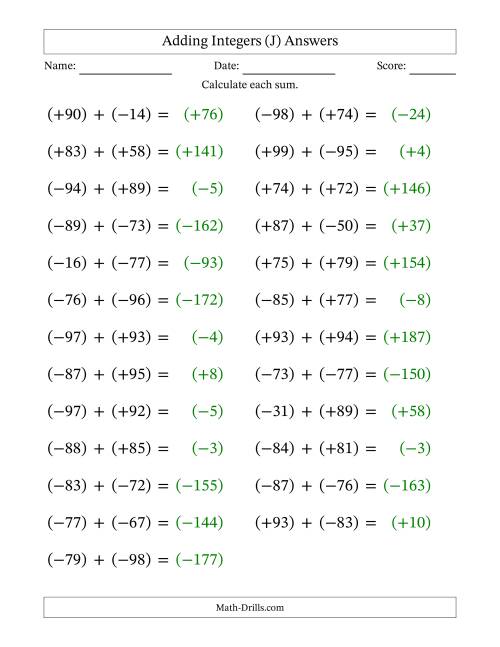 The Adding Mixed Integers from -99 to 99 (25 Questions; Large Print; All Parentheses) (J) Math Worksheet Page 2