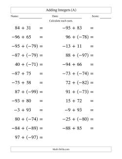 Adding Mixed Integers from -99 to 99 (25 Questions; Large Print)