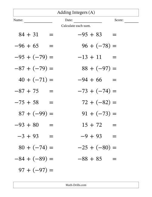 The Adding Mixed Integers from -99 to 99 (25 Questions; Large Print) (A) Math Worksheet