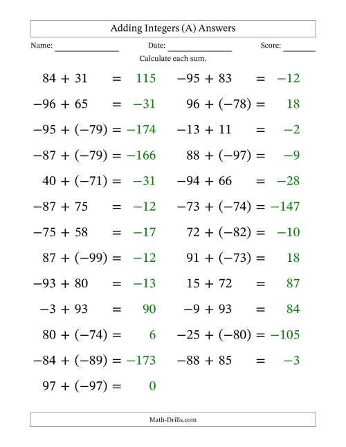 The Adding Mixed Integers from -99 to 99 (25 Questions; Large Print) (A) Math Worksheet Page 2