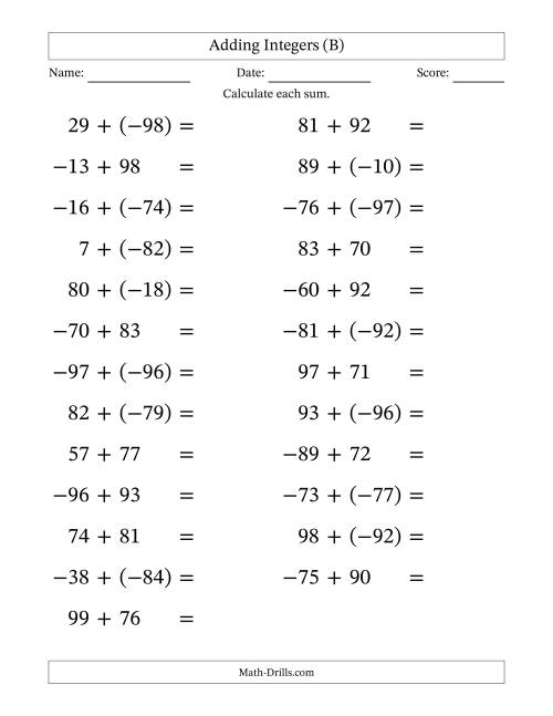 The Adding Mixed Integers from -99 to 99 (25 Questions; Large Print) (B) Math Worksheet