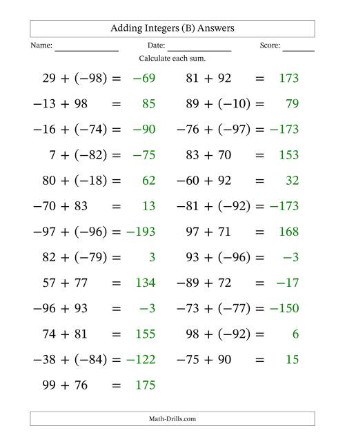 The Adding Mixed Integers from -99 to 99 (25 Questions; Large Print) (B) Math Worksheet Page 2