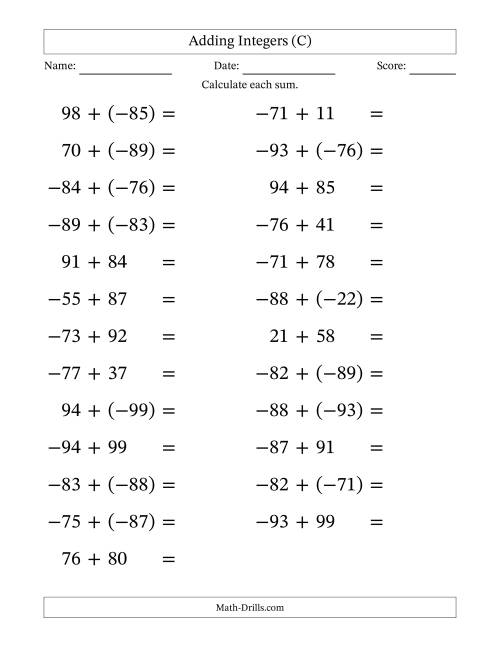 The Adding Mixed Integers from -99 to 99 (25 Questions; Large Print) (C) Math Worksheet