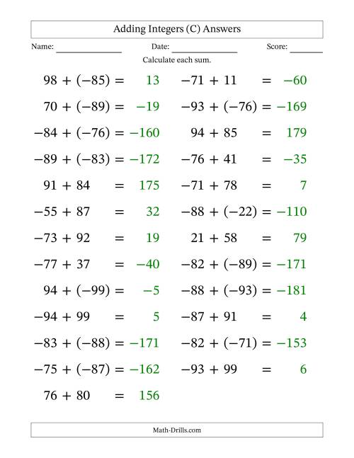 The Adding Mixed Integers from -99 to 99 (25 Questions; Large Print) (C) Math Worksheet Page 2