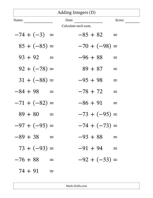 The Adding Mixed Integers from -99 to 99 (25 Questions; Large Print) (D) Math Worksheet