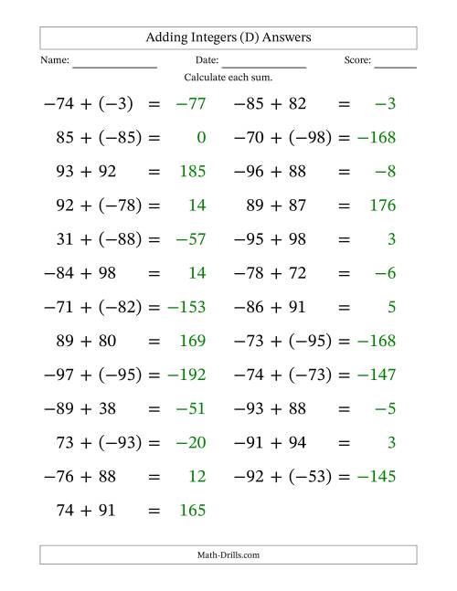 The Adding Mixed Integers from -99 to 99 (25 Questions; Large Print) (D) Math Worksheet Page 2