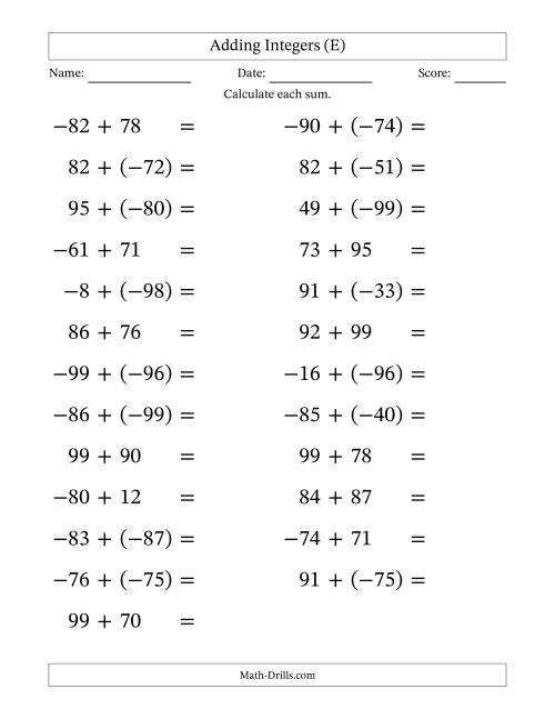 The Adding Mixed Integers from -99 to 99 (25 Questions; Large Print) (E) Math Worksheet