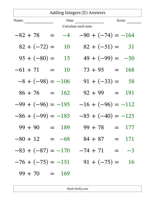 The Adding Mixed Integers from -99 to 99 (25 Questions; Large Print) (E) Math Worksheet Page 2