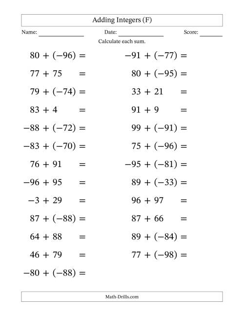 The Adding Mixed Integers from -99 to 99 (25 Questions; Large Print) (F) Math Worksheet