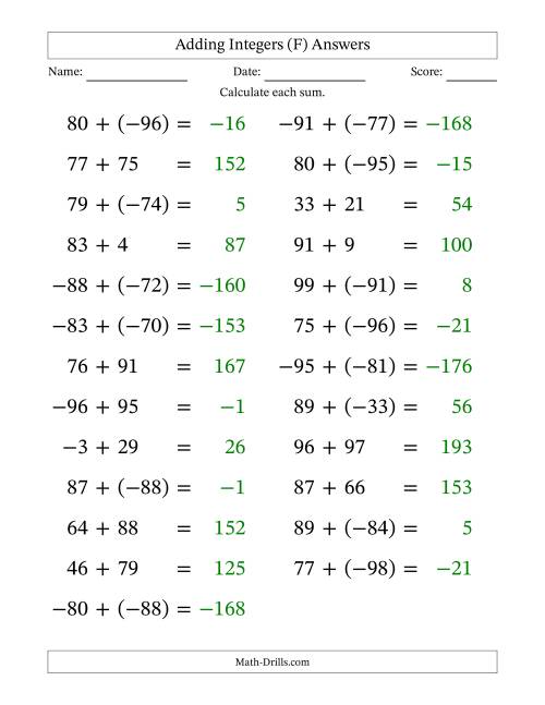 The Adding Mixed Integers from -99 to 99 (25 Questions; Large Print) (F) Math Worksheet Page 2
