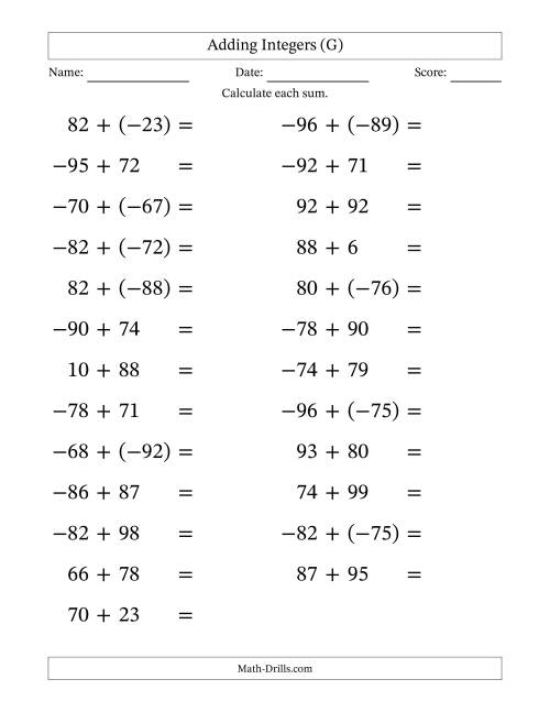 The Adding Mixed Integers from -99 to 99 (25 Questions; Large Print) (G) Math Worksheet