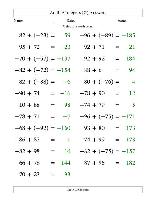 The Adding Mixed Integers from -99 to 99 (25 Questions; Large Print) (G) Math Worksheet Page 2