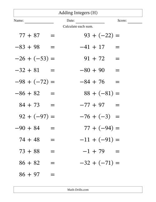 The Adding Mixed Integers from -99 to 99 (25 Questions; Large Print) (H) Math Worksheet