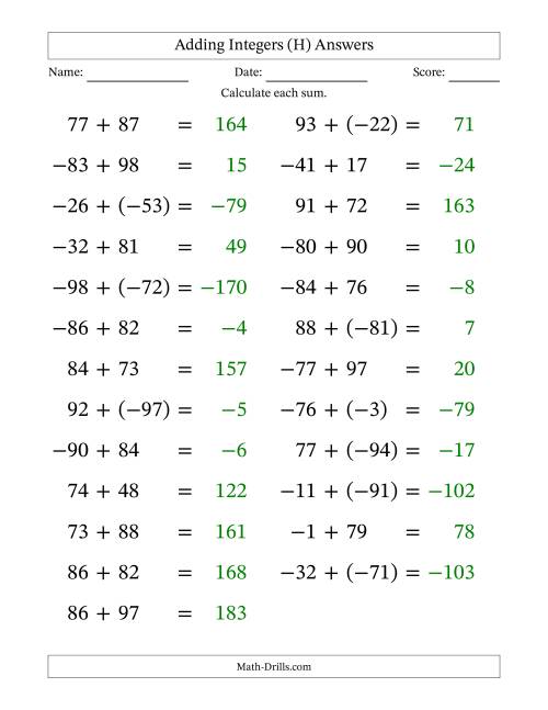The Adding Mixed Integers from -99 to 99 (25 Questions; Large Print) (H) Math Worksheet Page 2