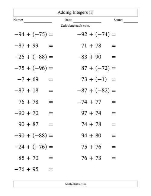The Adding Mixed Integers from -99 to 99 (25 Questions; Large Print) (I) Math Worksheet
