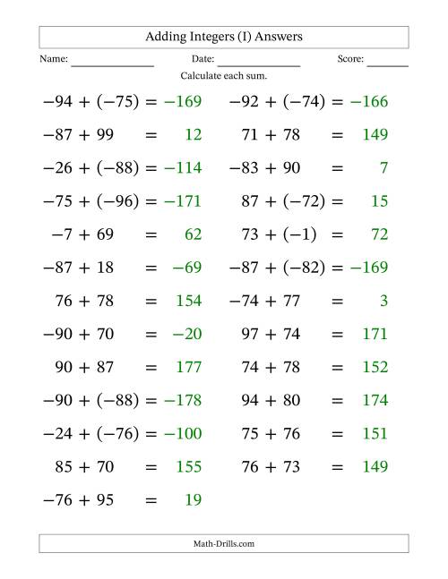The Adding Mixed Integers from -99 to 99 (25 Questions; Large Print) (I) Math Worksheet Page 2