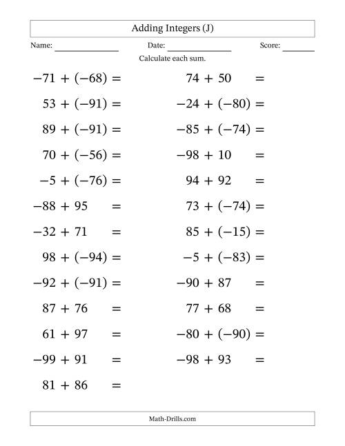 The Adding Mixed Integers from -99 to 99 (25 Questions; Large Print) (J) Math Worksheet