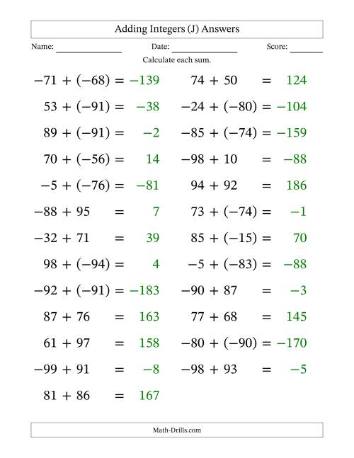 The Adding Mixed Integers from -99 to 99 (25 Questions; Large Print) (J) Math Worksheet Page 2