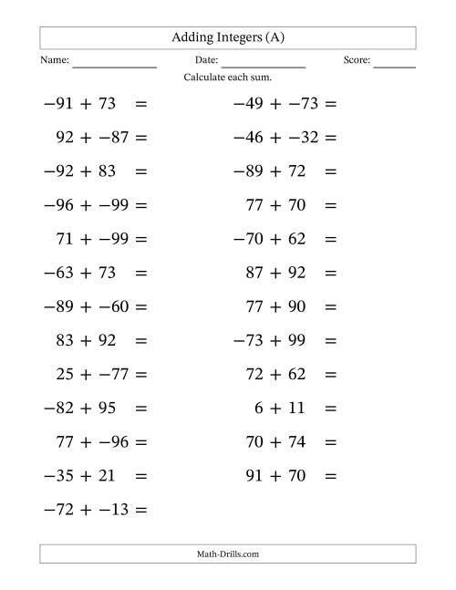 The Adding Mixed Integers from -99 to 99 (25 Questions; Large Print; No Parentheses) (A) Math Worksheet