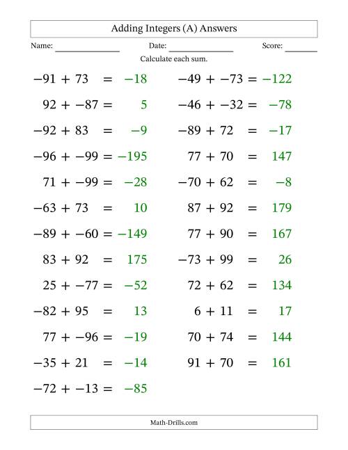 The Adding Mixed Integers from -99 to 99 (25 Questions; Large Print; No Parentheses) (A) Math Worksheet Page 2