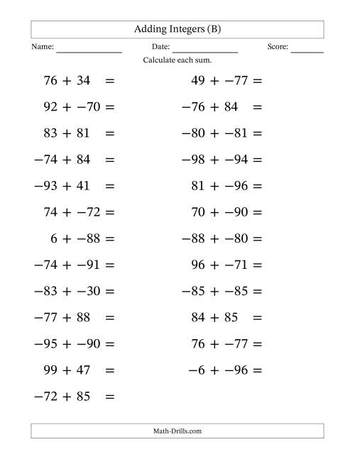 The Adding Mixed Integers from -99 to 99 (25 Questions; Large Print; No Parentheses) (B) Math Worksheet