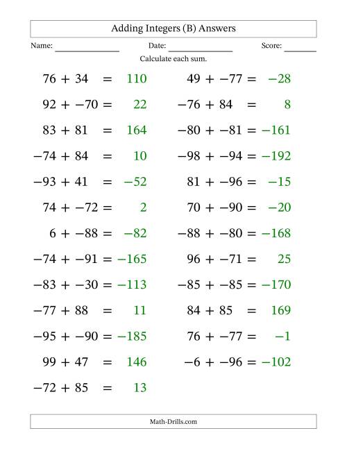 The Adding Mixed Integers from -99 to 99 (25 Questions; Large Print; No Parentheses) (B) Math Worksheet Page 2