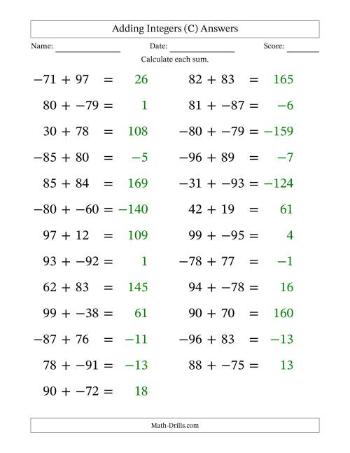 The Adding Mixed Integers from -99 to 99 (25 Questions; Large Print; No Parentheses) (C) Math Worksheet Page 2