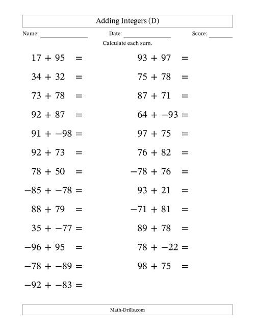 The Adding Mixed Integers from -99 to 99 (25 Questions; Large Print; No Parentheses) (D) Math Worksheet