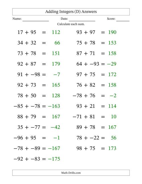 The Adding Mixed Integers from -99 to 99 (25 Questions; Large Print; No Parentheses) (D) Math Worksheet Page 2