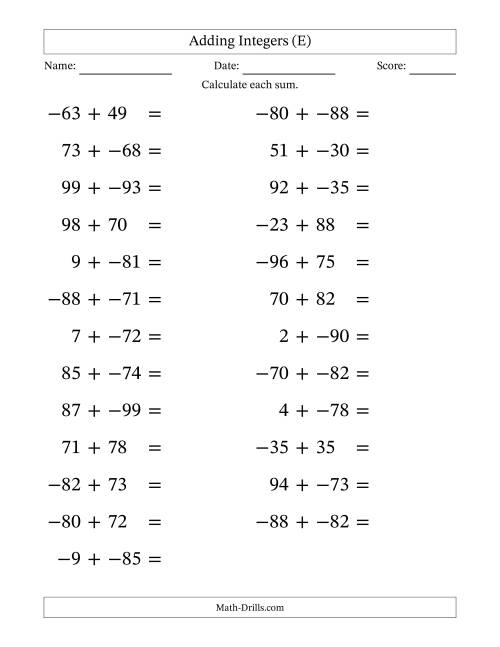 The Adding Mixed Integers from -99 to 99 (25 Questions; Large Print; No Parentheses) (E) Math Worksheet