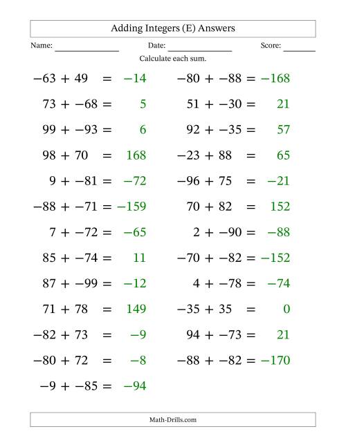 The Adding Mixed Integers from -99 to 99 (25 Questions; Large Print; No Parentheses) (E) Math Worksheet Page 2