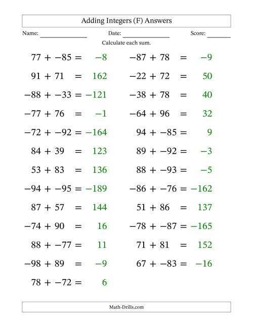 The Adding Mixed Integers from -99 to 99 (25 Questions; Large Print; No Parentheses) (F) Math Worksheet Page 2