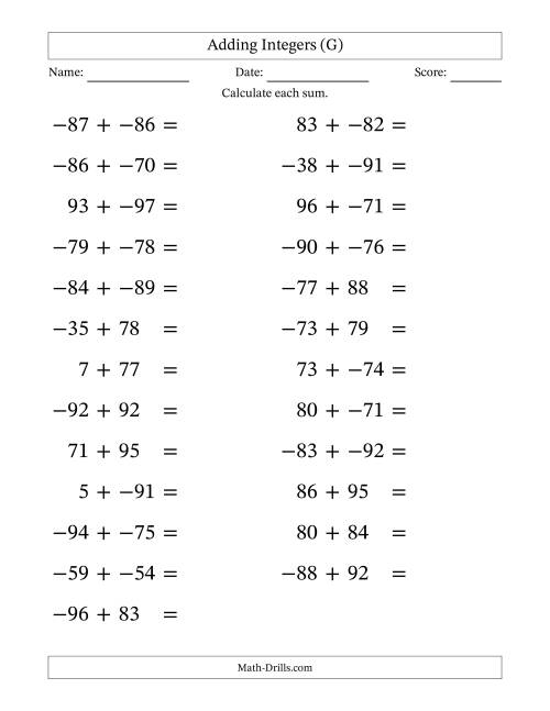 The Adding Mixed Integers from -99 to 99 (25 Questions; Large Print; No Parentheses) (G) Math Worksheet