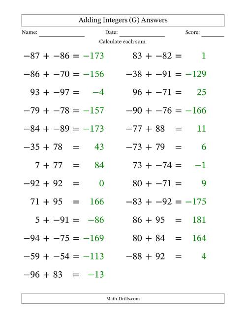The Adding Mixed Integers from -99 to 99 (25 Questions; Large Print; No Parentheses) (G) Math Worksheet Page 2