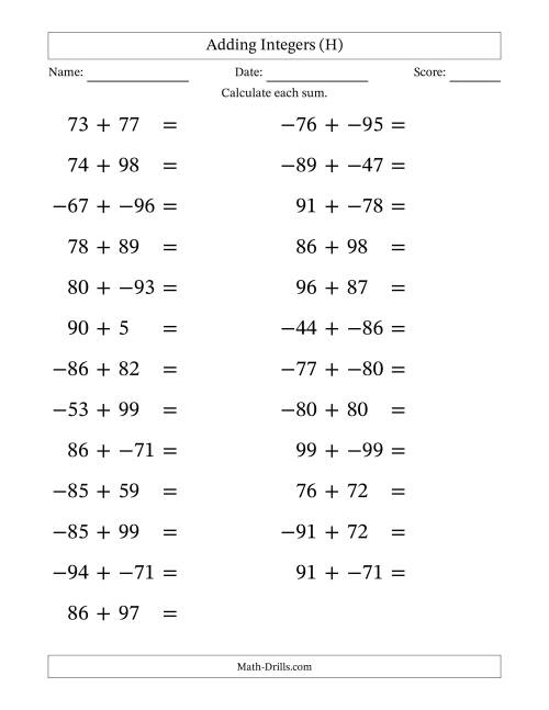 The Adding Mixed Integers from -99 to 99 (25 Questions; Large Print; No Parentheses) (H) Math Worksheet