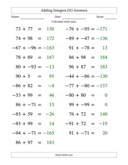 The Adding Mixed Integers from -99 to 99 (25 Questions; Large Print; No Parentheses) (H) Math Worksheet Page 2