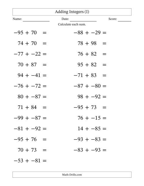 The Adding Mixed Integers from -99 to 99 (25 Questions; Large Print; No Parentheses) (I) Math Worksheet