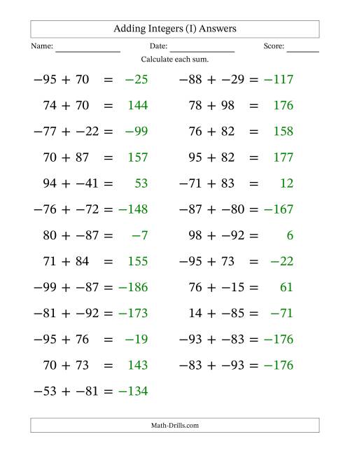 The Adding Mixed Integers from -99 to 99 (25 Questions; Large Print; No Parentheses) (I) Math Worksheet Page 2