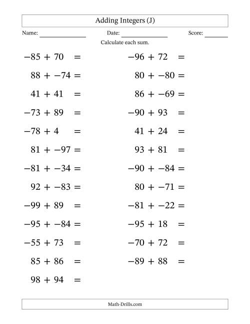 The Adding Mixed Integers from -99 to 99 (25 Questions; Large Print; No Parentheses) (J) Math Worksheet