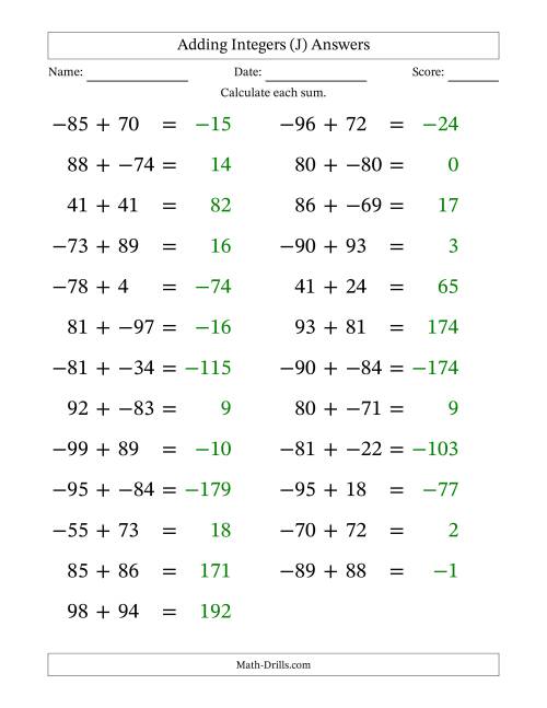 The Adding Mixed Integers from -99 to 99 (25 Questions; Large Print; No Parentheses) (J) Math Worksheet Page 2