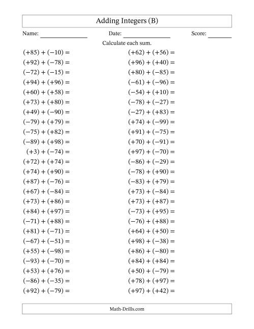 The Adding Mixed Integers from -99 to 99 (50 Questions; All Parentheses) (B) Math Worksheet