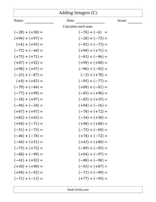 The Adding Mixed Integers from -99 to 99 (50 Questions; All Parentheses) (C) Math Worksheet