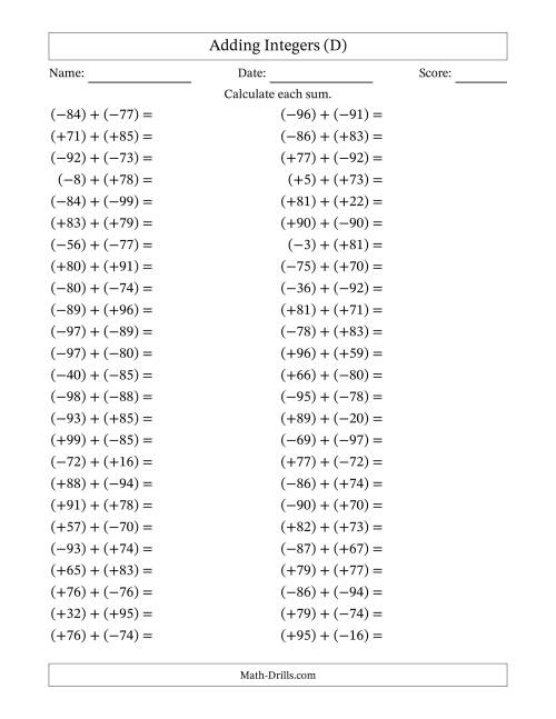 The Adding Mixed Integers from -99 to 99 (50 Questions; All Parentheses) (D) Math Worksheet