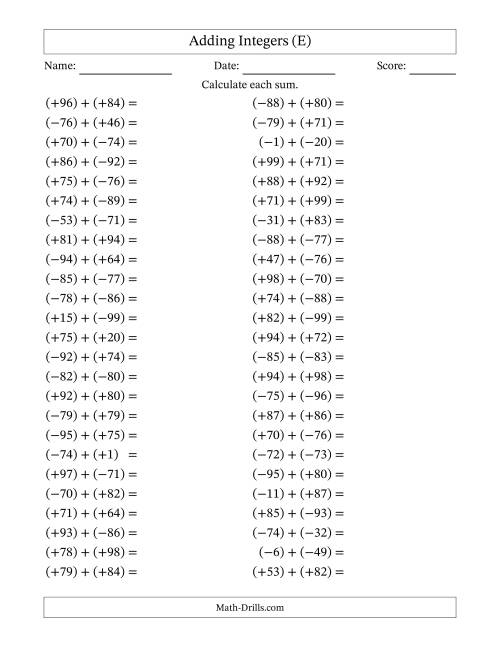 The Adding Mixed Integers from -99 to 99 (50 Questions; All Parentheses) (E) Math Worksheet