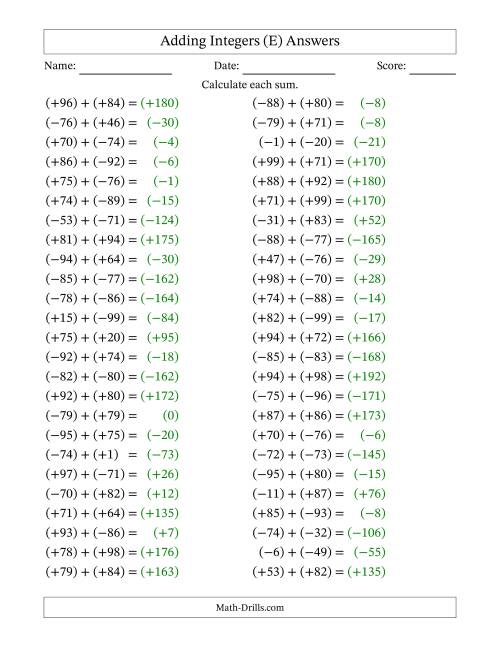 The Adding Mixed Integers from -99 to 99 (50 Questions; All Parentheses) (E) Math Worksheet Page 2