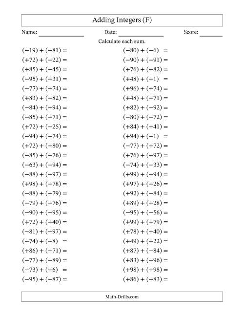 The Adding Mixed Integers from -99 to 99 (50 Questions; All Parentheses) (F) Math Worksheet